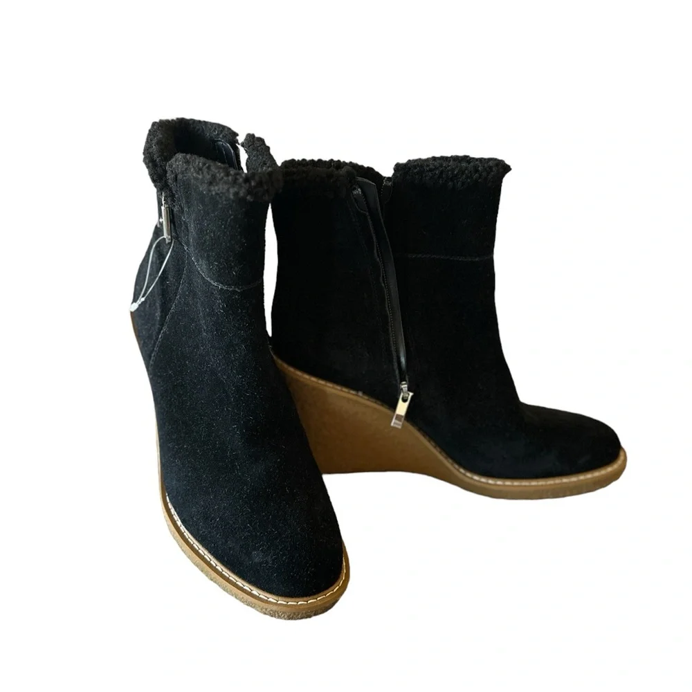 NEW Franco Sarto Women's Ulayna Suede Faux Fur Wedge Boots Black SZ-11